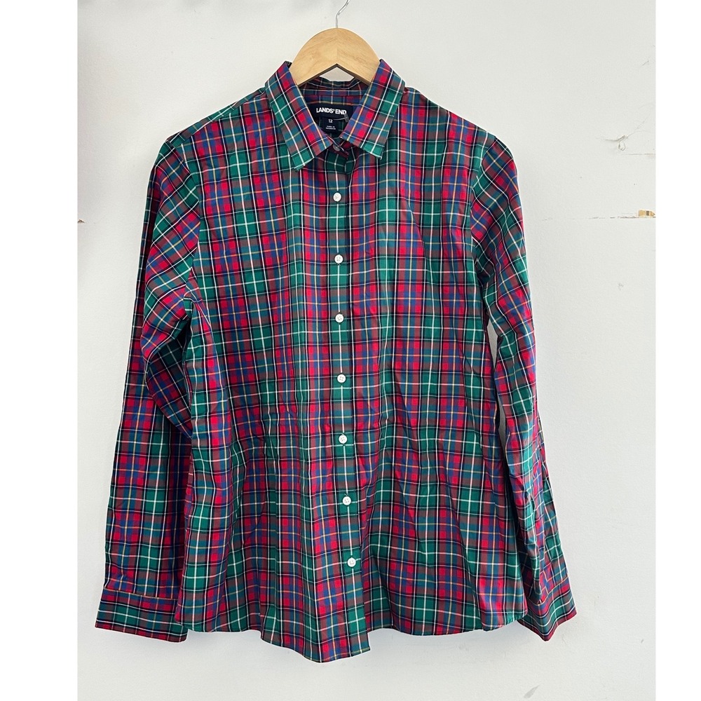 Lands End Womens Supima Cotton Plaid Button Down Shirt Red Green Blue Size 12